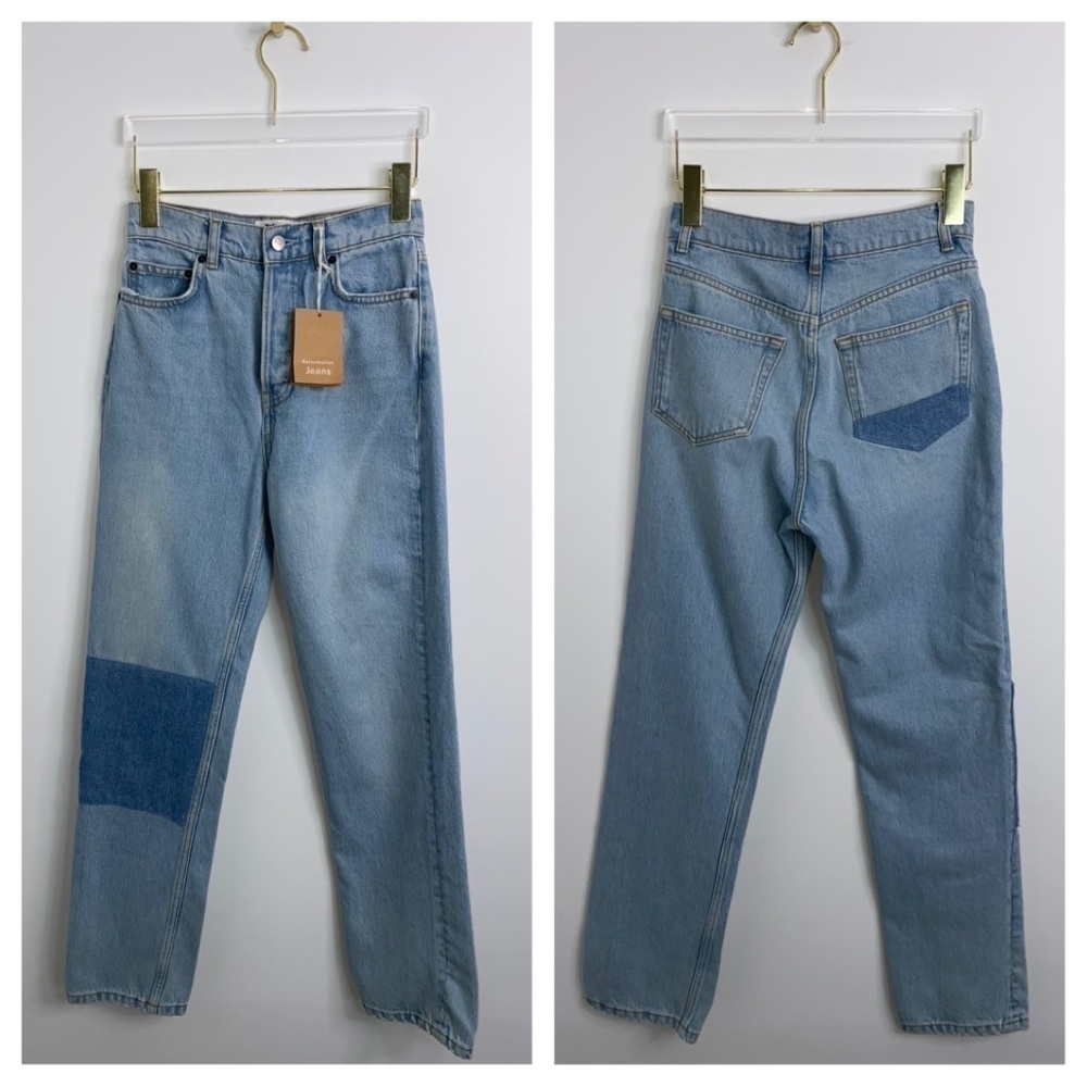 Reformation Cynthia Patch High Rise Straight Jeans Size 24 NWT Blue